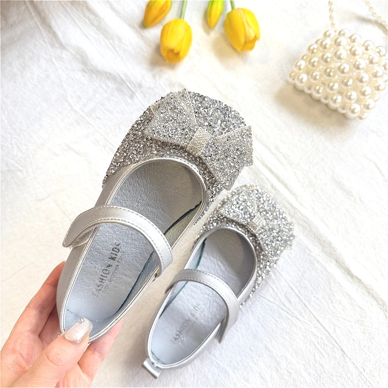 Kids Baby Girl Shoes Cute Bow Silver Diamond Crystal Princess Shoes Toddler Big Girl Birthday Single Soft Antislip Leather Shoes
