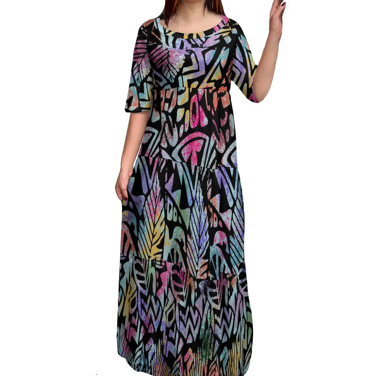 

Samoa Tribal Ethnic Style Dress Summer Crew-Neck Short Sleeved Big Skirt Puffy Cake Skirt Polynesian Artist Maxi Dress