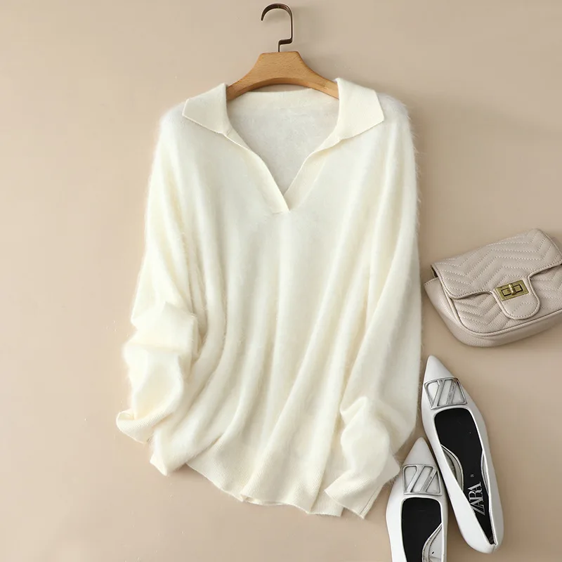 

100% Cashmere Sweater Women Casual Style Solid 2 Colors POLO Collar Sweatshirt Loose Long Sleeves Pullover New Fashion