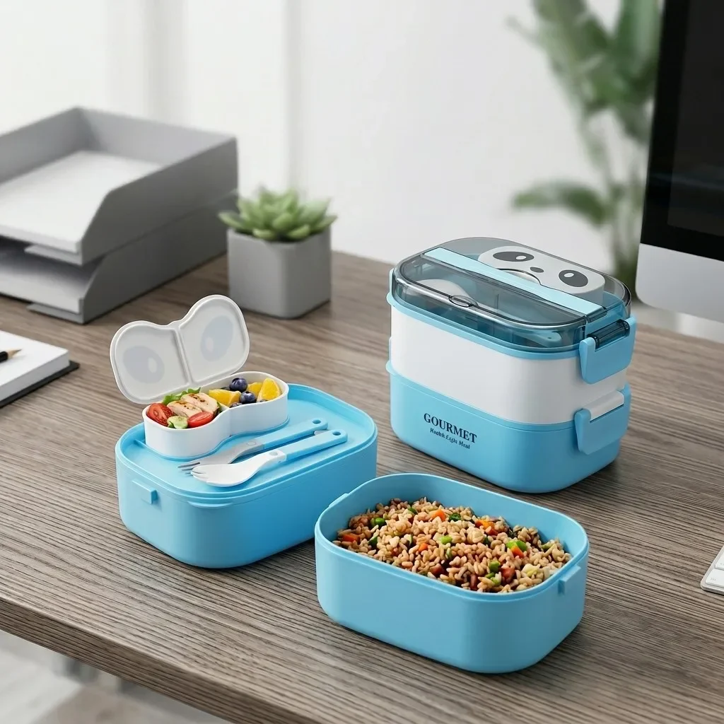 Microwavable Plastic Bento Box Kids Adults Divided Lunch Box Meal Prep Food Storage Container with Cutlery Snack Box School Work