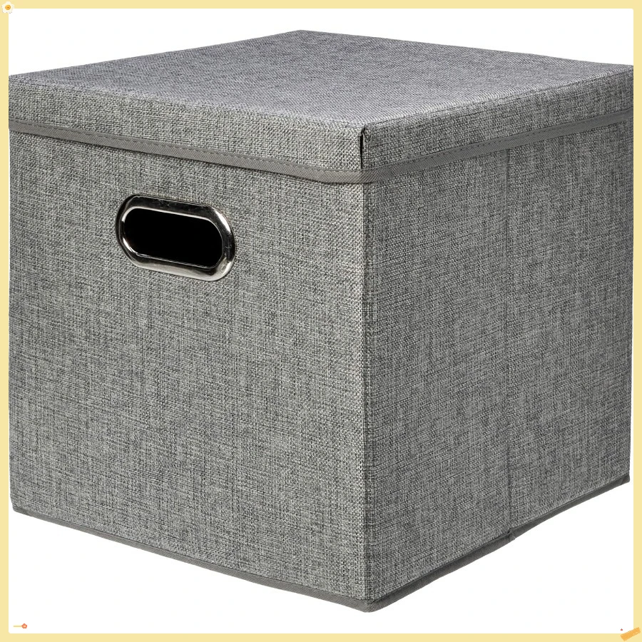 صندوق تخزين مكعب من قماش الخيش قابل للطي مع غطاء، قابل للتكديس ومتين، رمادي، مجموعة من 2 13 بوصة طول × 13 بوصة عرض × 13 بوصة ارتفاع