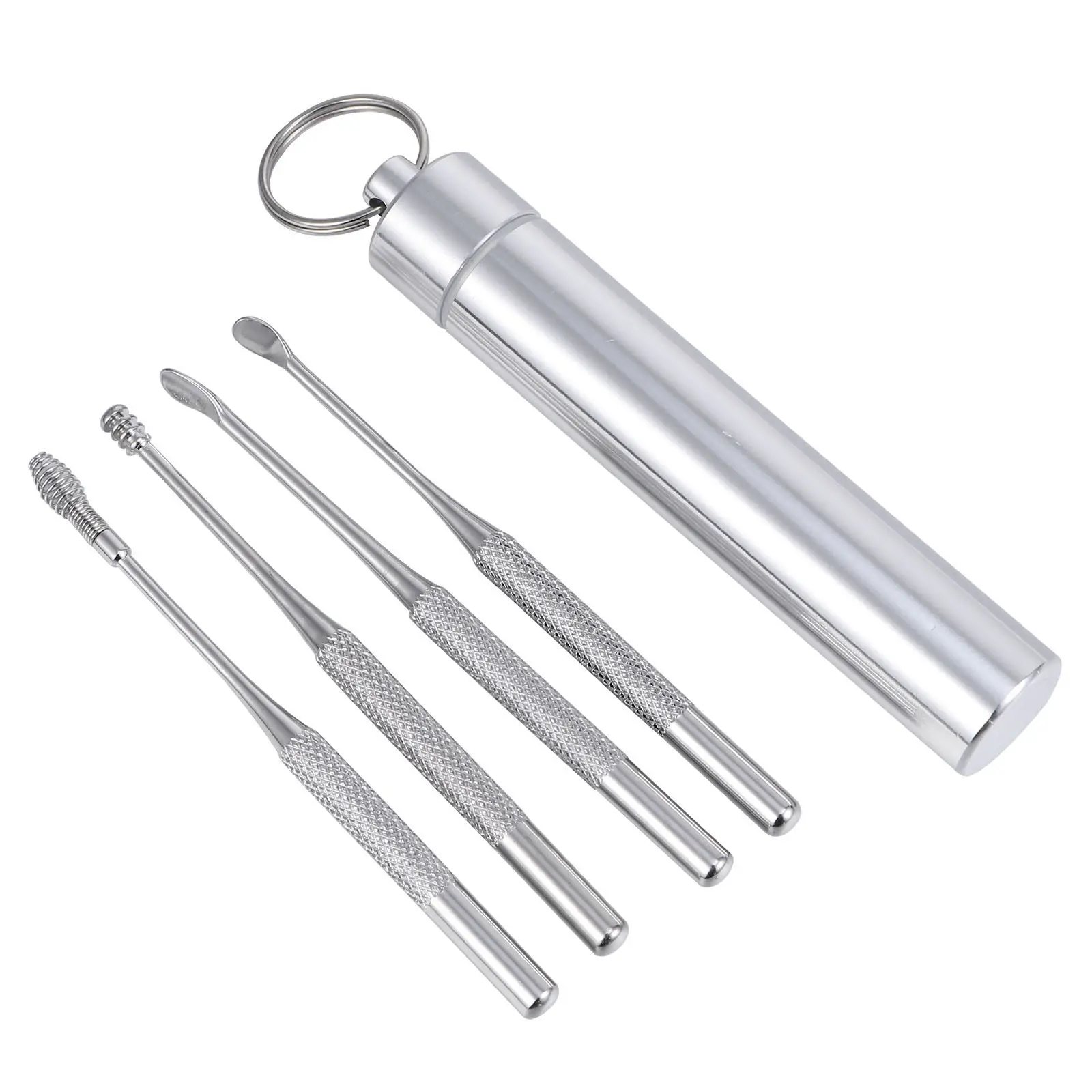 1Set Earwax Removal Kit Stainless Steel 4 Ear Picks Set Different Styles Ergonomic Handle Portable Hanging Case