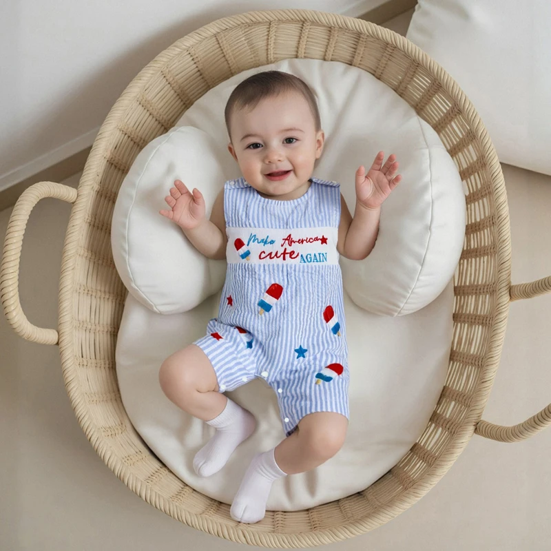 بدلة قفز مخططة للفتيات الصغيرات في الرابع من يوليو بدون أكمام ورقبة دائرية وطباعة مصاصة مع حروف مطرزة #5