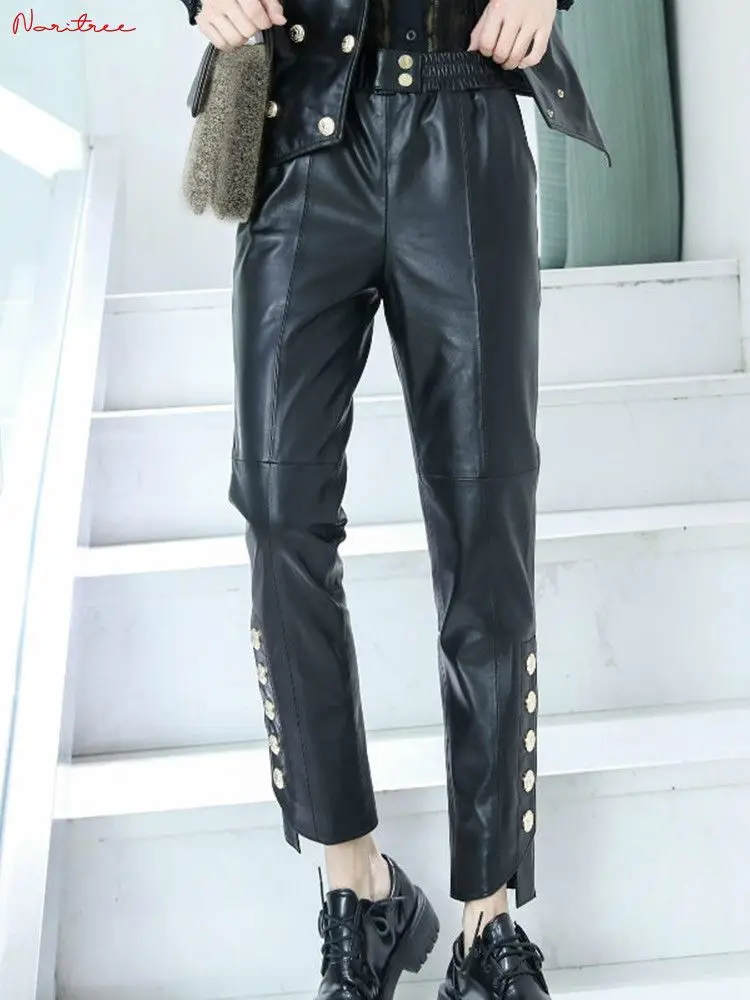 

Coffe Color Real Leather Pants Elastic Waist Genuine Sheep Leather Pants Female Metal Buttons Was Thin Leather Pants F2028c