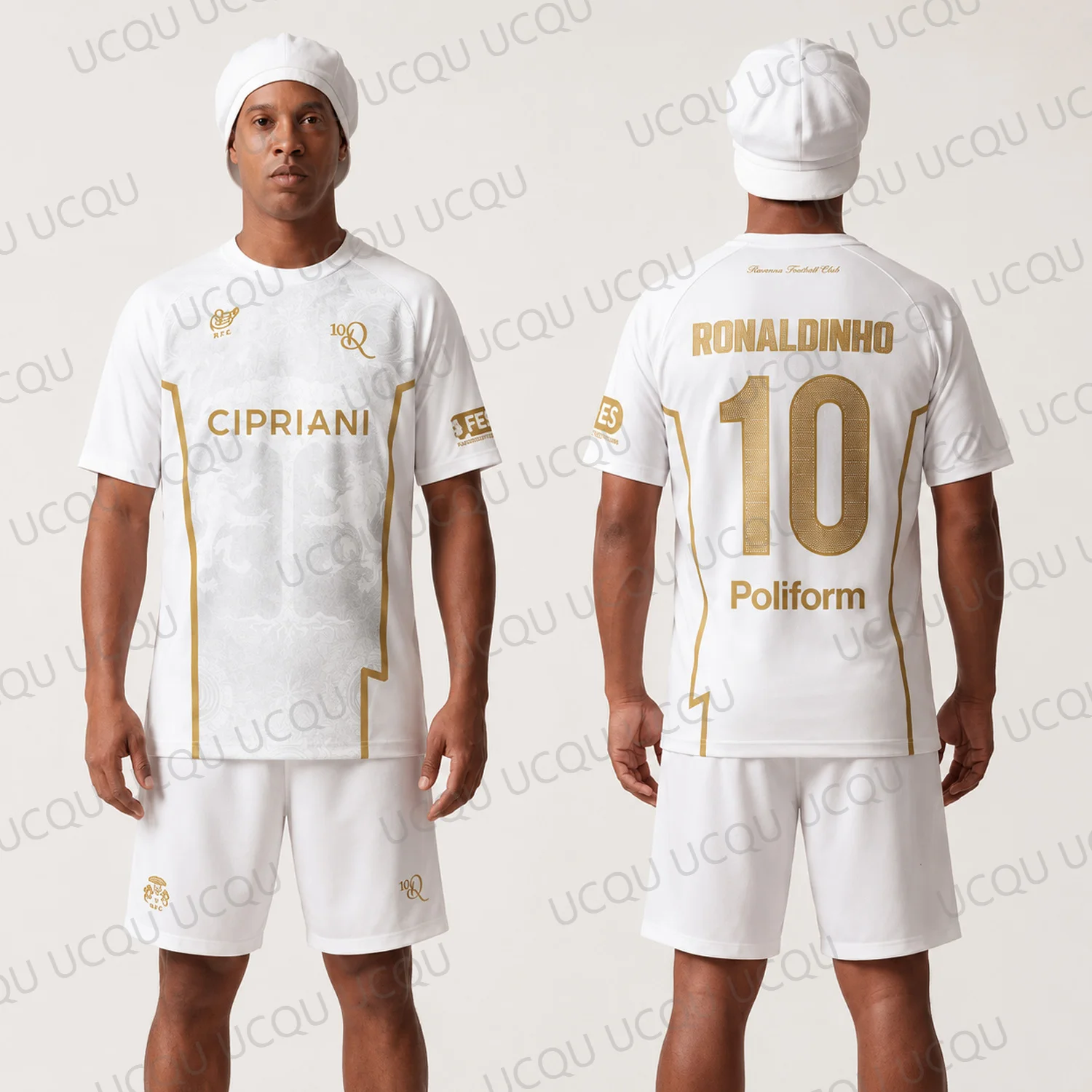 Nuova Maglia da Calcio Vintage ITALIA 2026 Ronaldinho N.10 Bianca e Oro, T-shirt da Tifoso Retrò, Edizione da Collezione