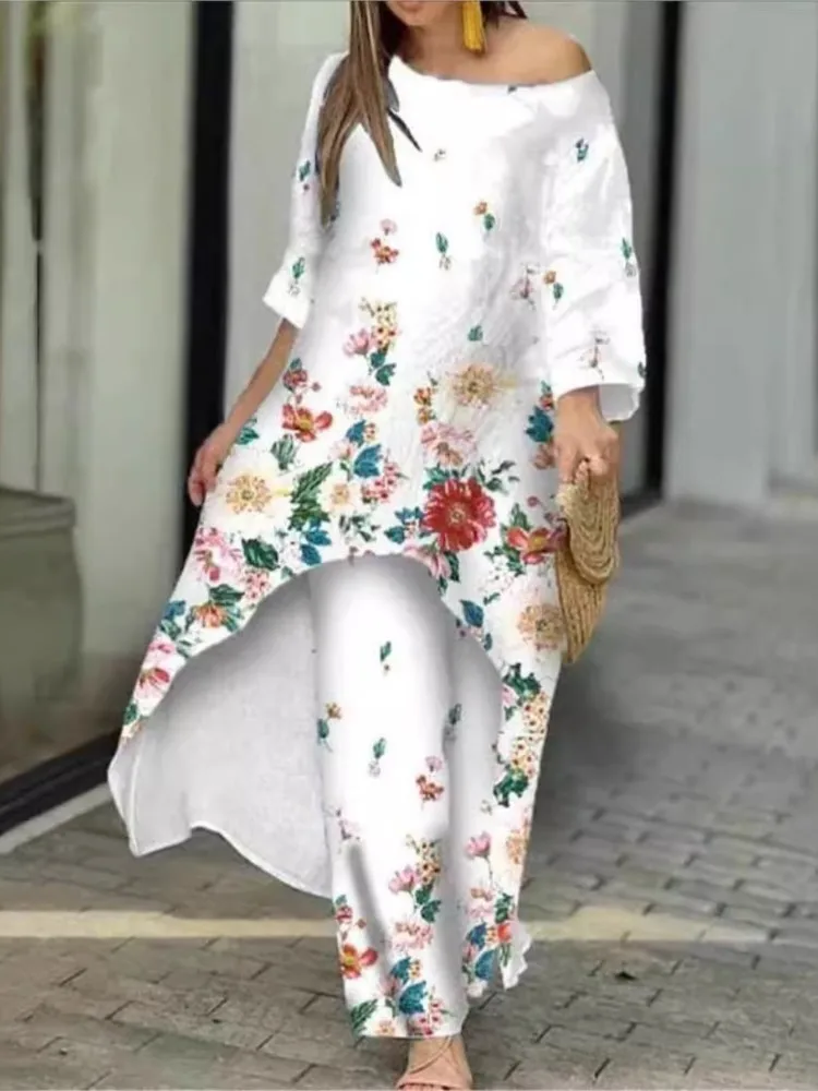 

Fashion Print Loose Set For Women Casual O Neck Three Quarter Long Tops+Pants Two Piece Sets Lady Elegant Office Womens Clothing