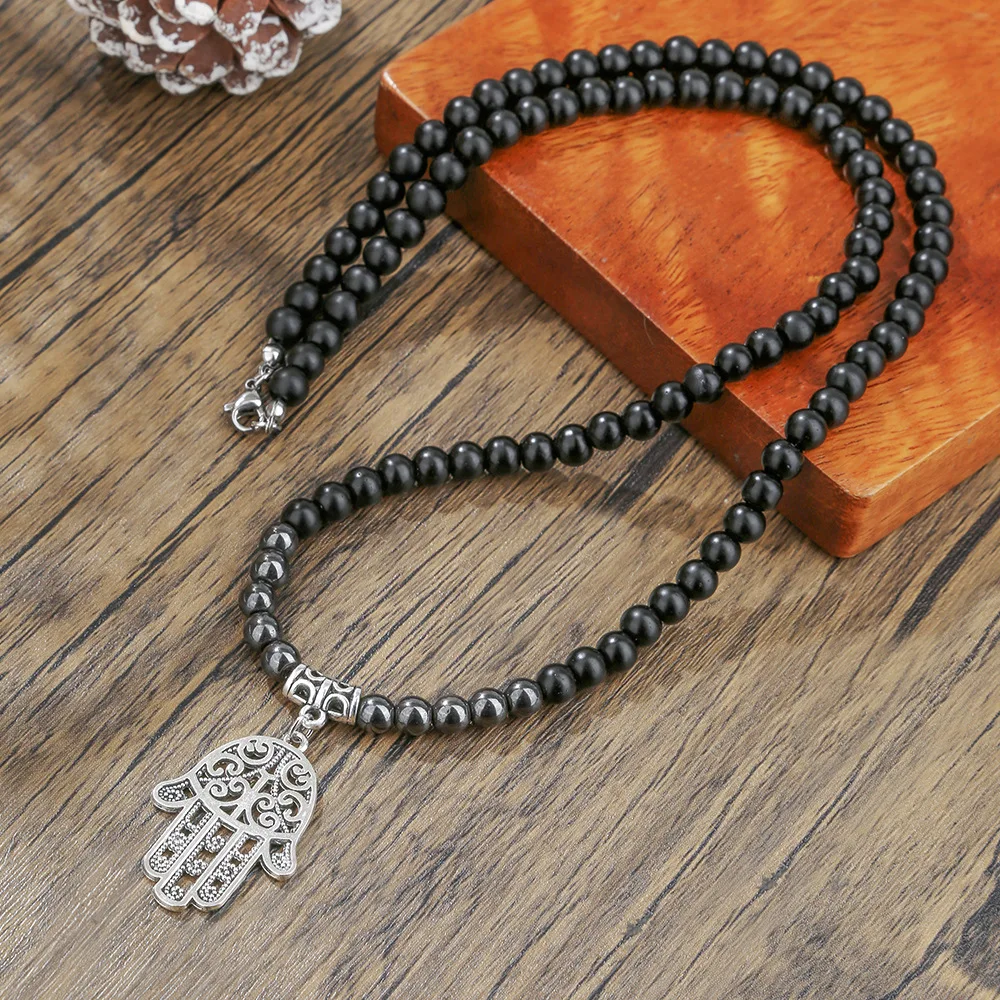 Collier de luxe en pierre naturelle pour hommes, main de Fatima, obsidienne, roche volcanique, perles d'onyx, bijoux de loisirs, méditation