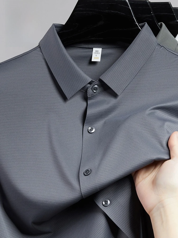 

Lormen Summer High-end Sl Ice Silk Casual irt ort Sve Anti-wrinkle Busin Leisure Pure Color Men's Upper Apparel