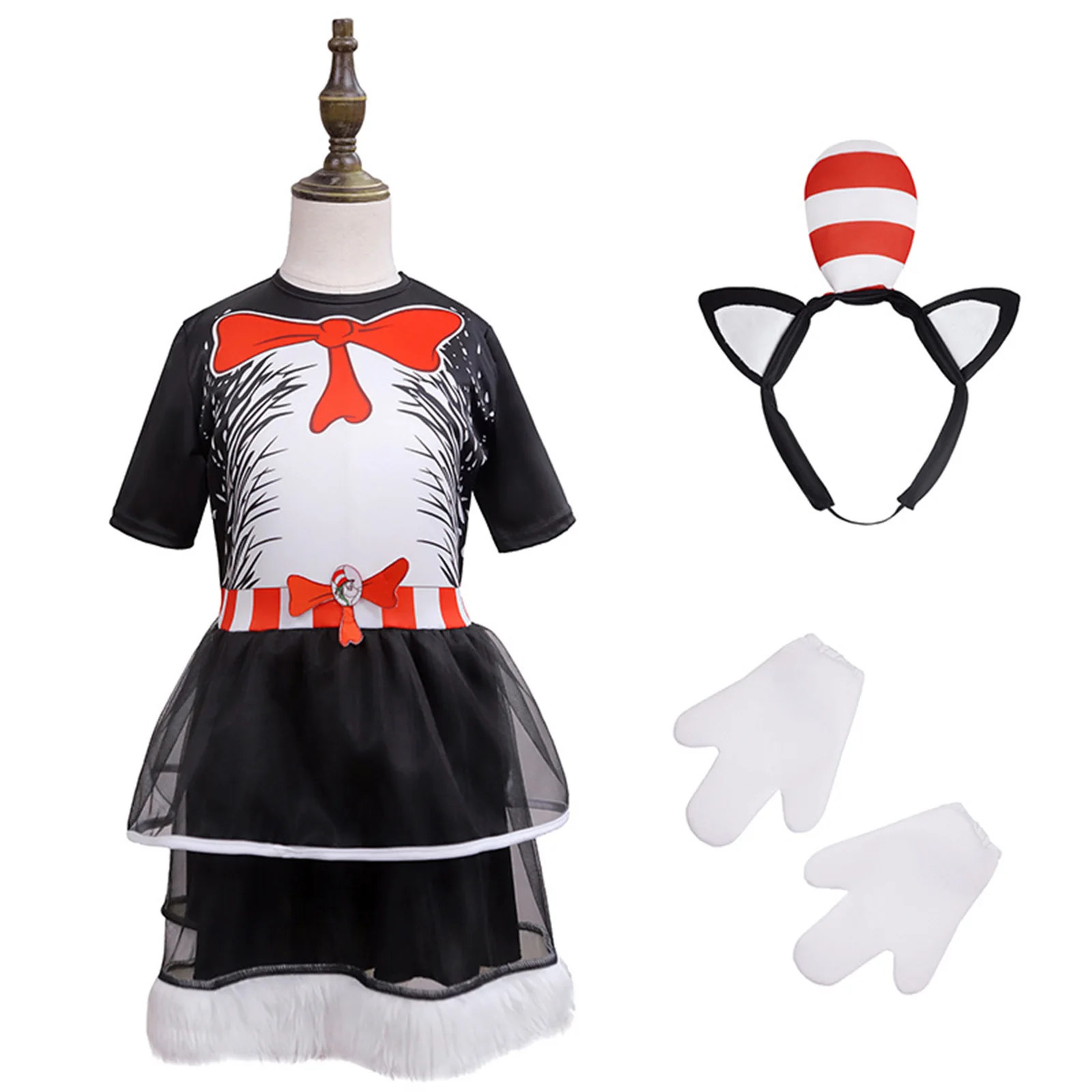 Kids Cat in the Hat Costume Top Hats Outfit Halloween Character Cosplay Jumpsuit Gloves Accessory Kit Dr. Seuss Dress Up Suit