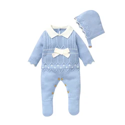 Soft Autumn Winter Baby Girls Rompers + Hat Outfits Multi-colors Available 0-9M Knitted Acrylic Newborn Baby Bodysuit Jumpsuit