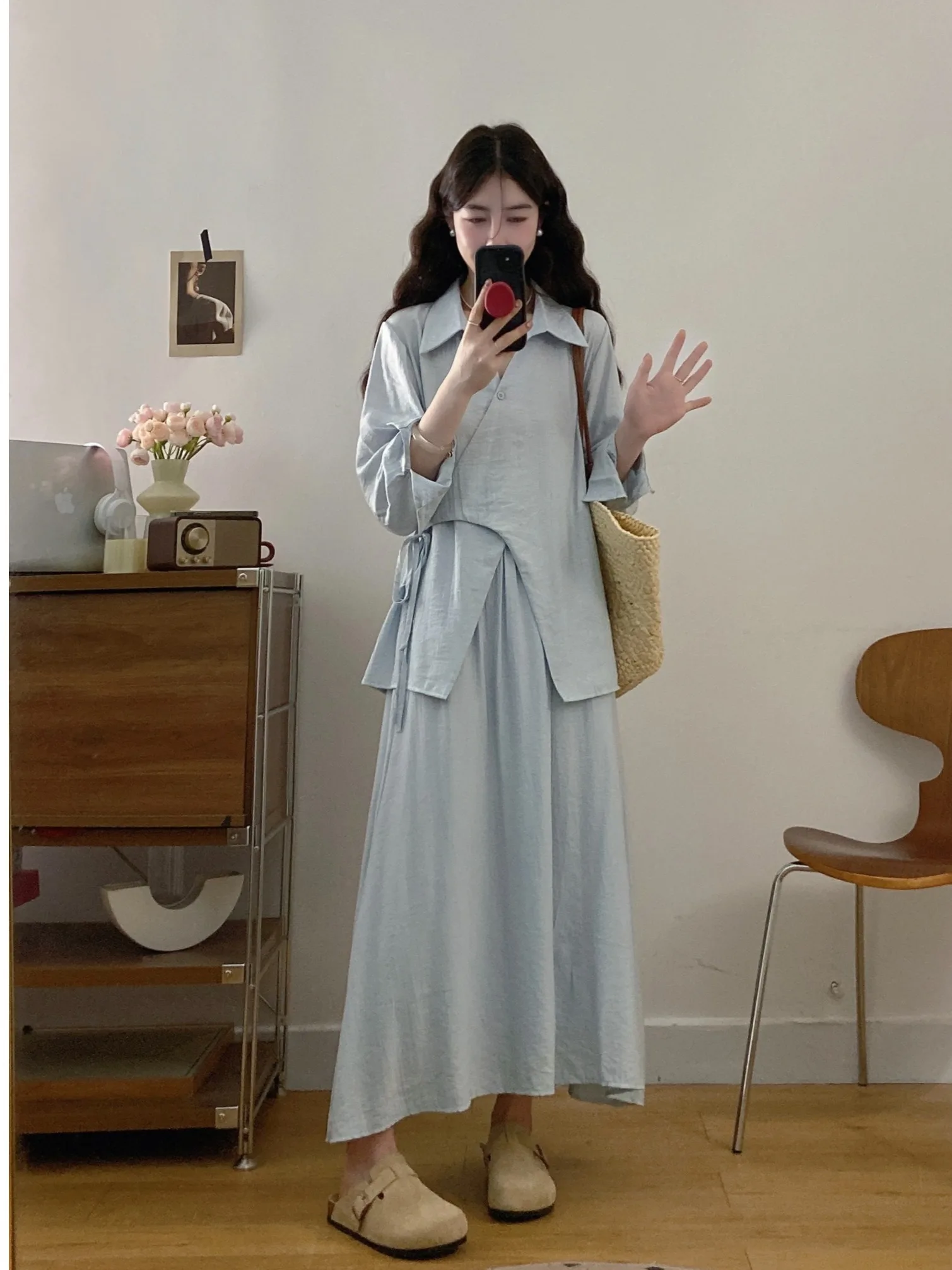 

plus Size Women's Lazy Style Casual Long Sleeve Shirt And High Waist Half Body Skirt Two Piece Set Spring Summer New Arrival