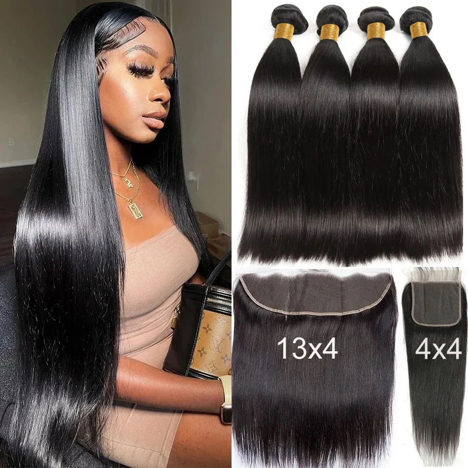 Bone Straight Human Hair Bundles With Frontal Closure 30 32 Inch Virgin Hair Weave Bundles With Closure Remy Hair Extensions