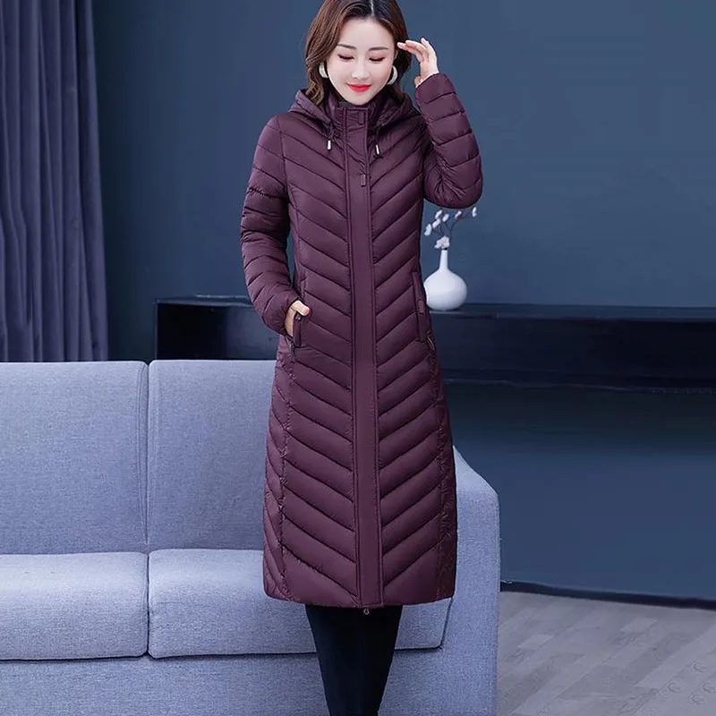 NEW Middle-aged Womens Down Cotton Coat Winter Long Warm Quilted Cotton Jacket Female Casual Hooded Parka Overcoat Purple 5XL