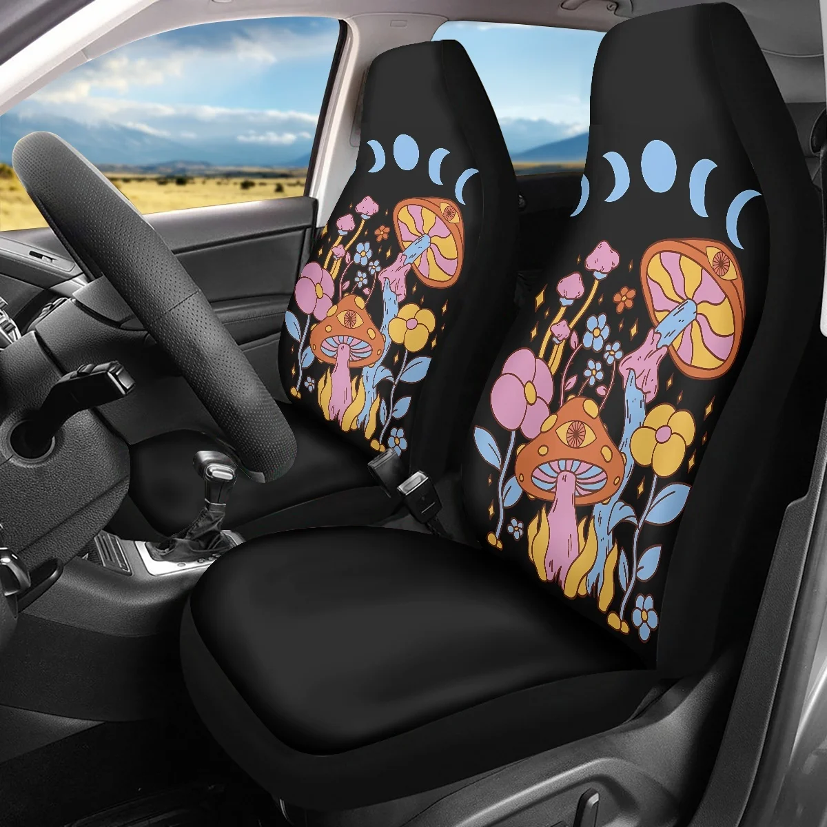 INSTANTARTS Universal Car Seat Cover Retro Moon Phases from Cottagecore Mushrooms Protector Interior Accessories Easy to Intall