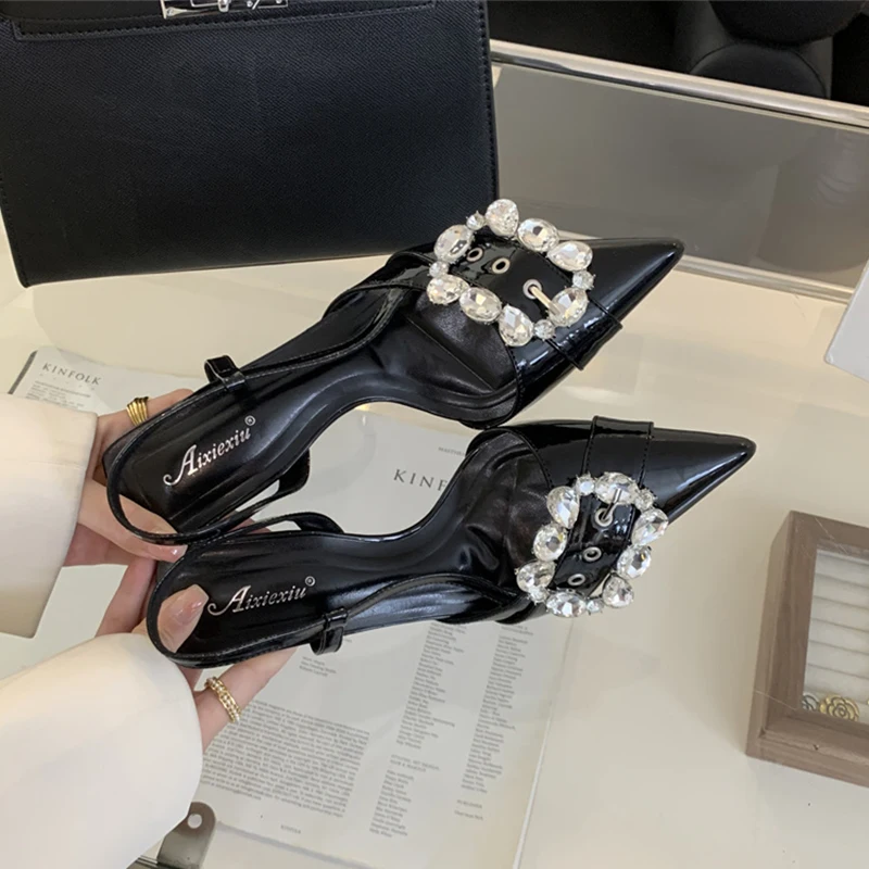 

Shiny High Heels Slingback Black Women's Pumps Metallic Crystal Sandals Pointy Toe Stiletto Slippers Party Dress Shoes For Women