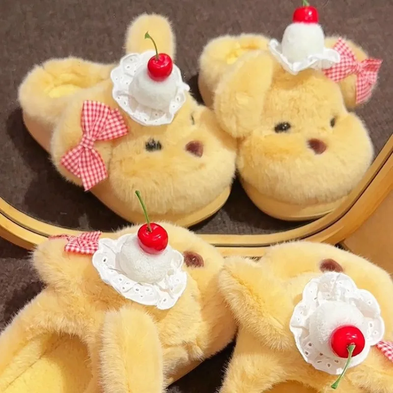 

Dopamine Bow Cake Little Dog Fluffy Slippers for Women 2025 Autumn/Winter New Thick-soled Versatile Cotton Slippers with A Cap