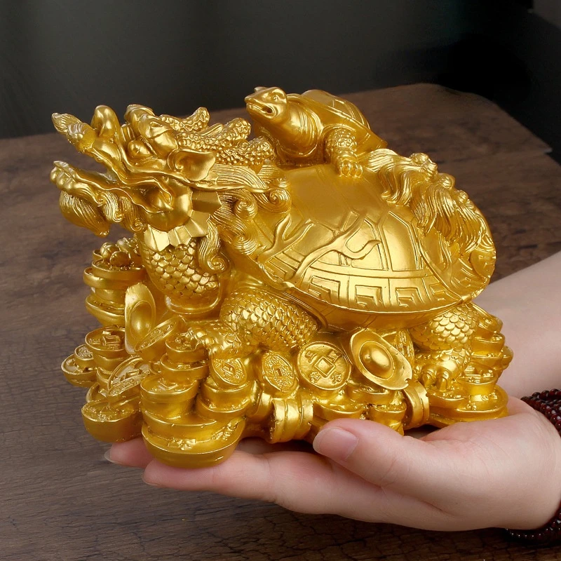 Golden Feng Shui Dragon Turtle Tortoise Statue Figurine Coin Money Wealth Ornaments For Home Office Decoration