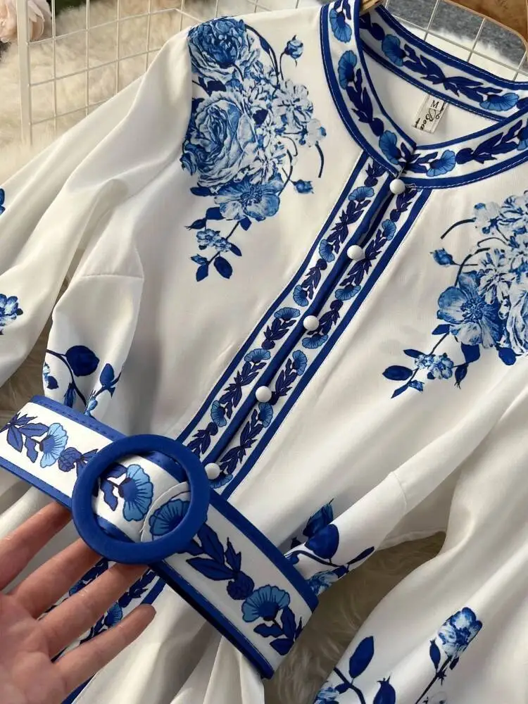 Vrouwen Elegant Blauw Gedrukt Lange Jurken Mode Lente Herfst Lange Mouw Jurk Dames Vintage A-lijn Feestjurk Vestidos