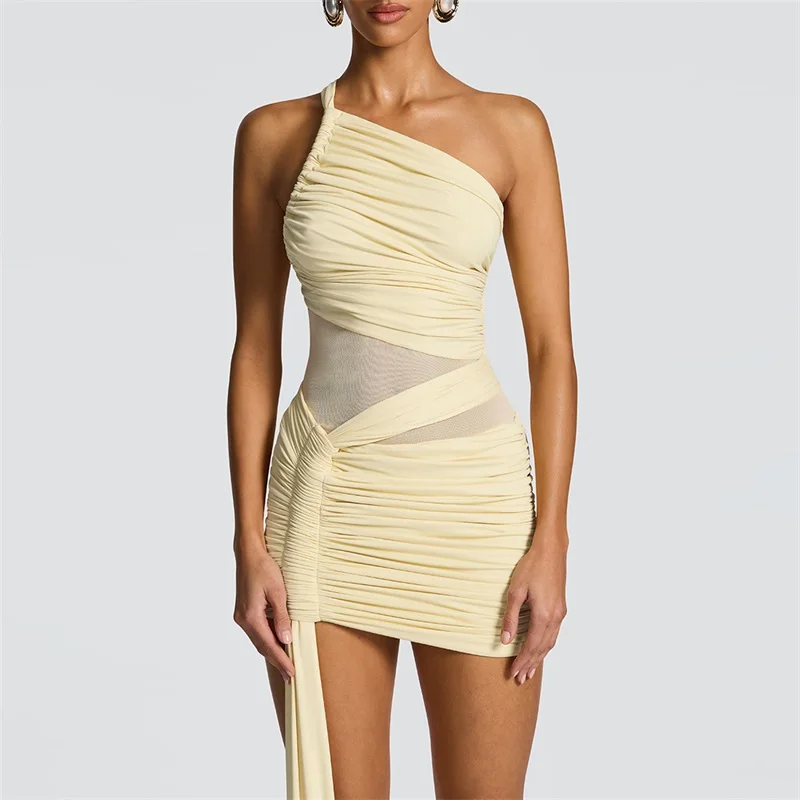 

Sexy Women's Prom Dress One Shoulder Sleeveless Stripe Formal Casual Beach Holiday Sheer Short Mini Party Gown Robe