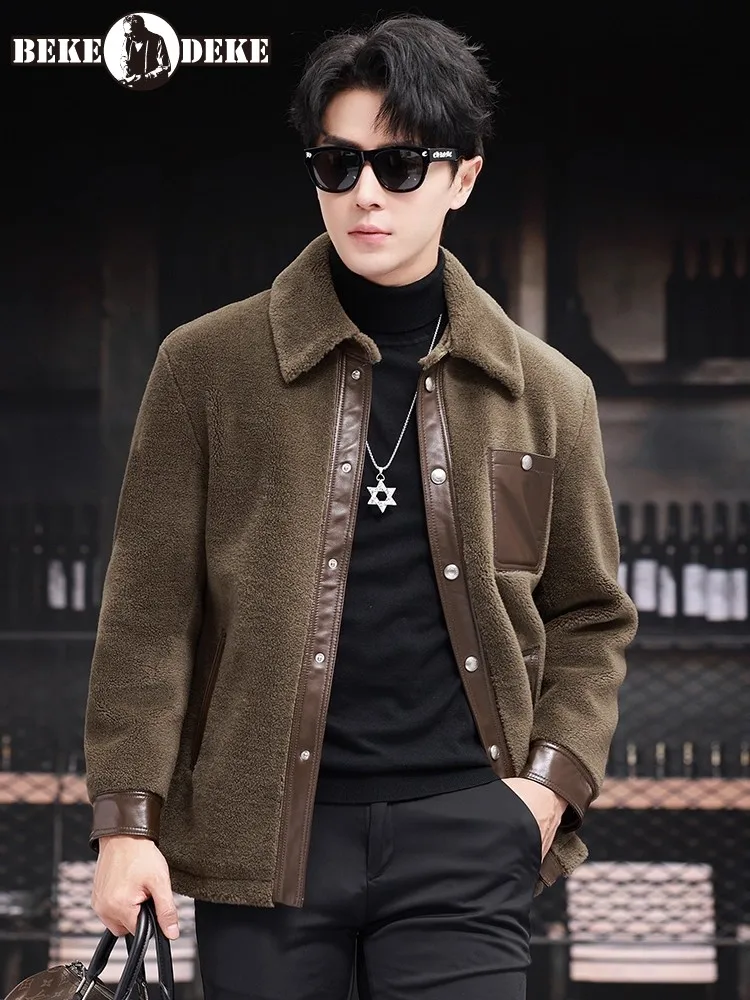 

Зимнее мужское шерстяное пальто, модная однобортная однобортная куртка из натуральной кожи с отложным воротником, короткая куртка для стрижки овец