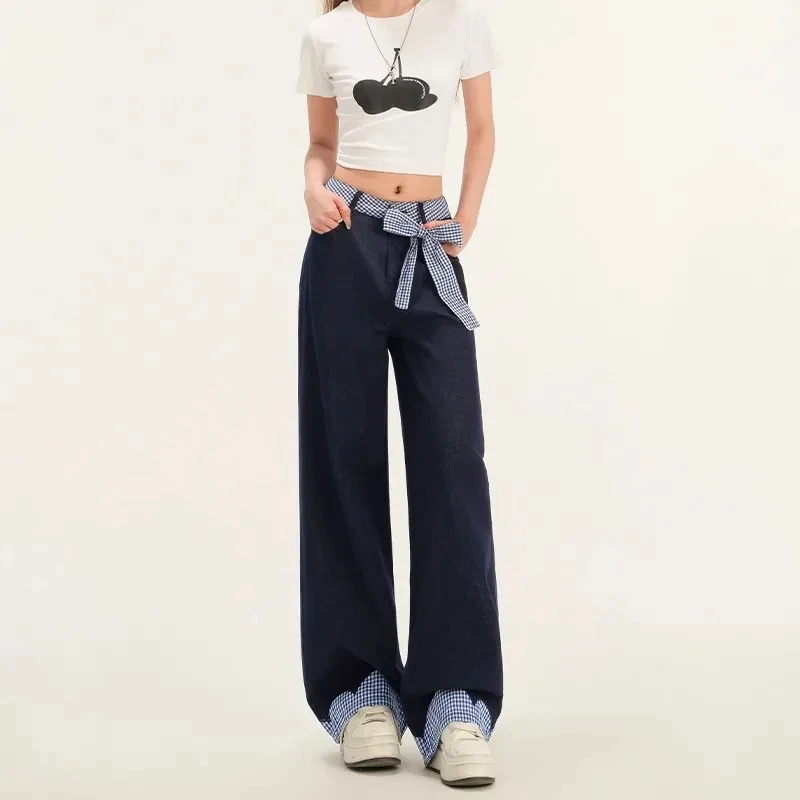 Y2K Women's Bow-Tie Belt Plaid Patchwork Jeans Loose Fit Wide Leg Winter Slimming Straight Casual Fashion Pants