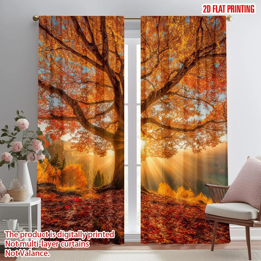 

2D flat printing 2pcs Window Curtains Autumn Tree Sunset Digital Printed Polyester Drapes All Season Party & Holiday Decor