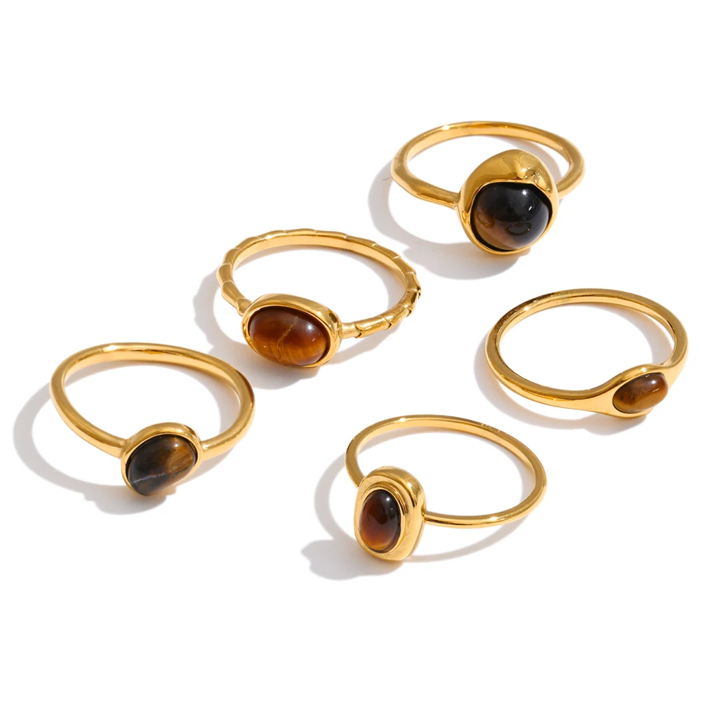 Yhpup Größe 7 Edelstahl-Ring mit natürlichem Tigerauge-Stein, 18K Goldfarben PVD-beschichtet, wasserdicht, dünn, schick, modischer Fingerschmuck