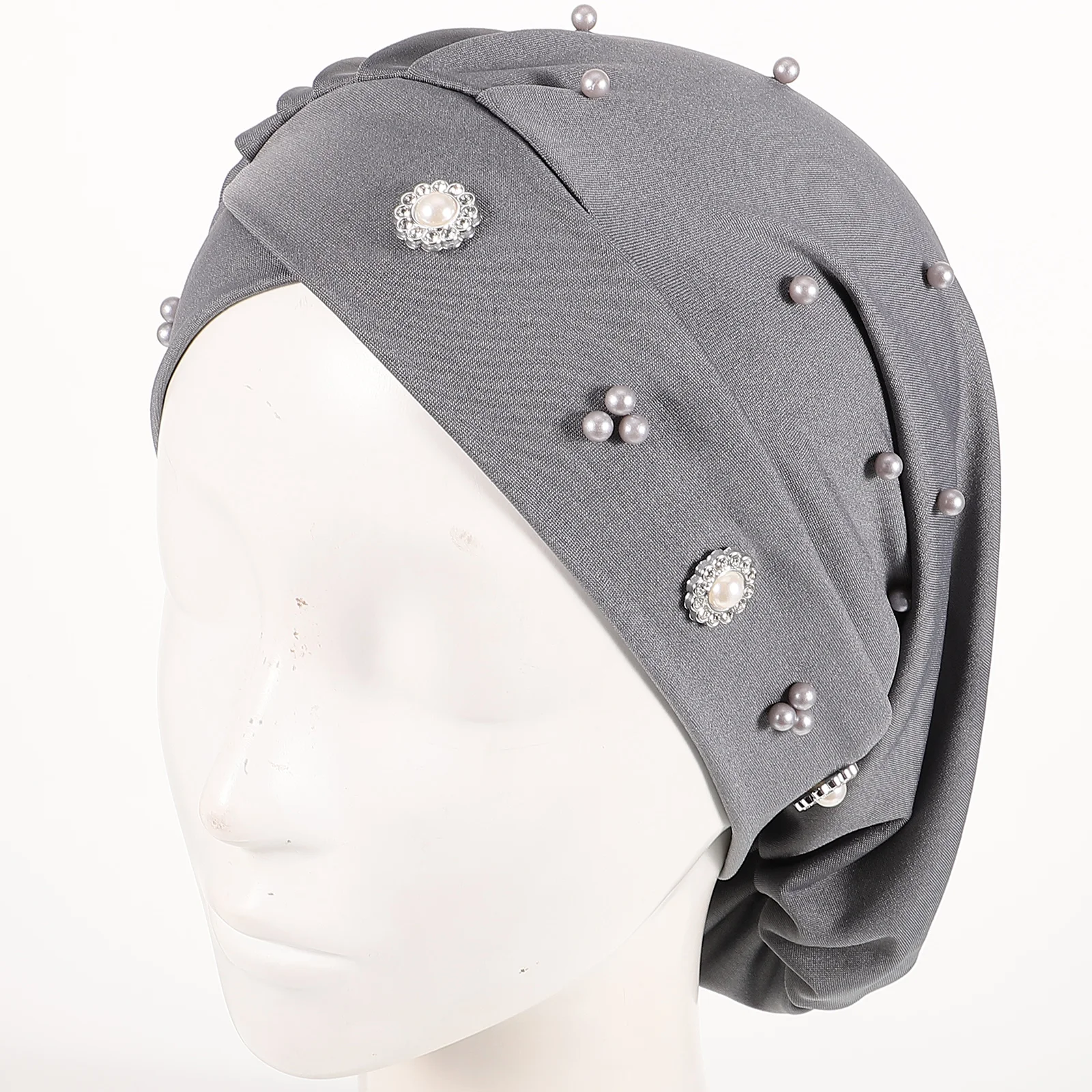 

Flower Beaded Headscarf Hat Elastic Sleeping Cap Women Cotton Bonnet Gray Color Stylish Sleepwear Chemotherapy Hat Braids Curly