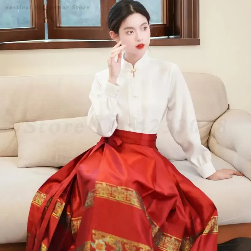 

Vintgae Improved Ming Song Hanfu Tang Clothes New Chinese Style Red Horse Face Skirt Suit Women's Chinese Traditional Dresses