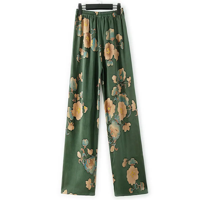 Birdtree-calças femininas elegantes de gaze regada de seda 60mm, estampa de cintura elástica, calças retrô casuais de pernas largas, outono 2025 novo b57890cc