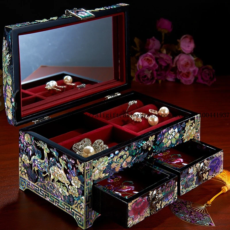 Handcrafted Wedding Jewelry Box Exquisite Mother-of-Pearl Dowry Case for Gold Earrings Necklaces Perfect Bridal Gift Box