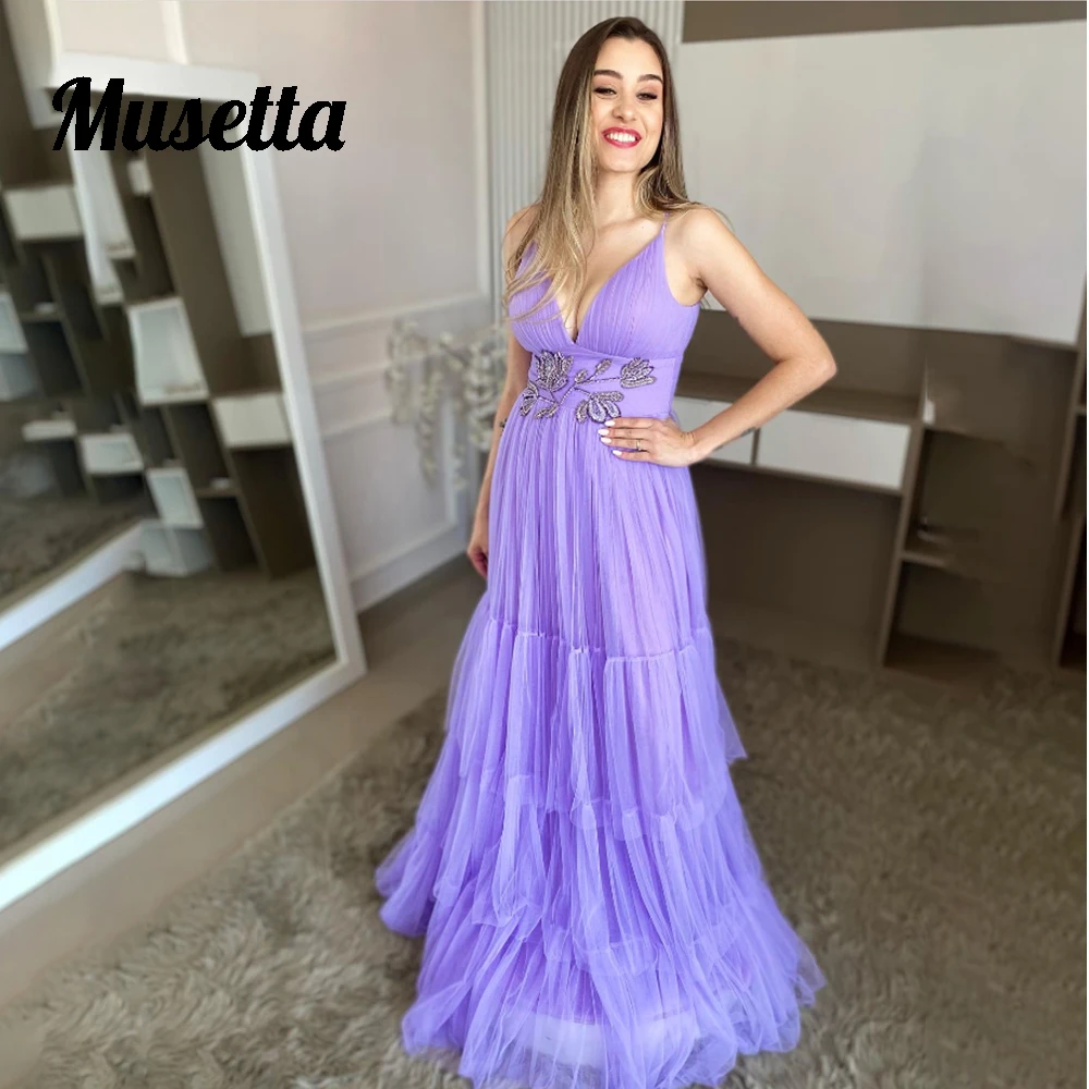 Musetta Tulle Appliques Prom Dresses Sexy Spaghetti Strap Tiered Ruffles A-Line Evening Dress Para Eventos Especial Customized