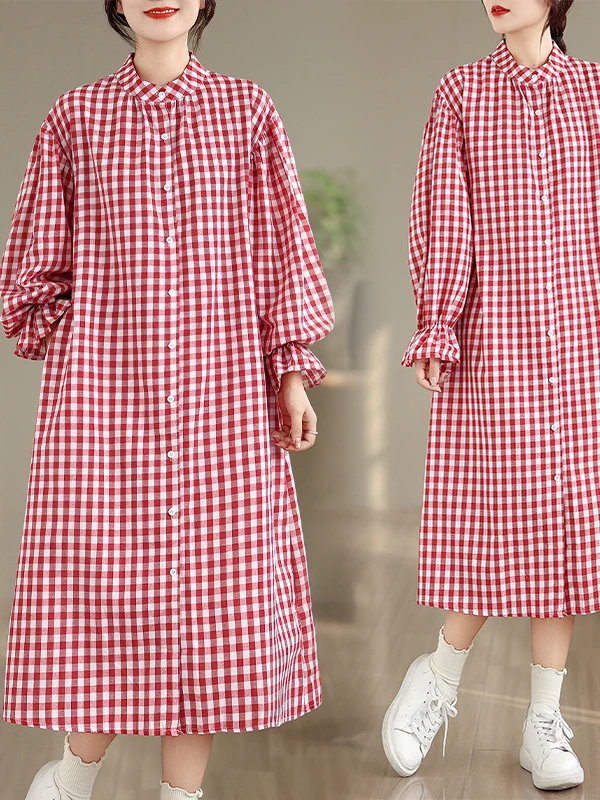 High-End Koreaanse Japanse Plaid Lange Dr Dames Faionable Veelzijdige Retro Aosphere Kraag Dr Plus Size A-lijn Rok