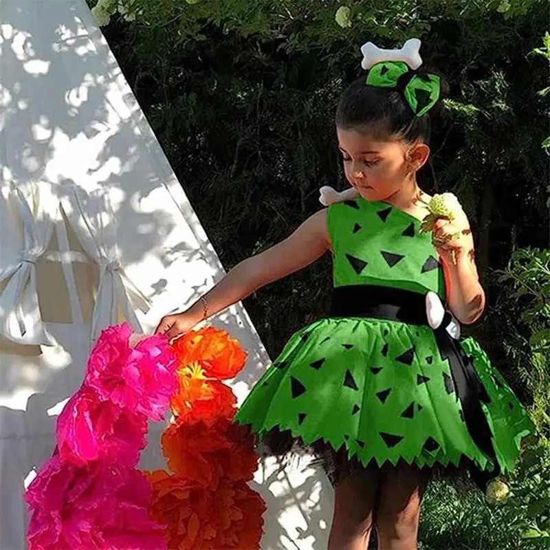 Girl Halloween Dress Shoulder Tulle Party Dresses with Ribbon Hair Accessory Girl Caveman Dress Princess Cosplay Costume