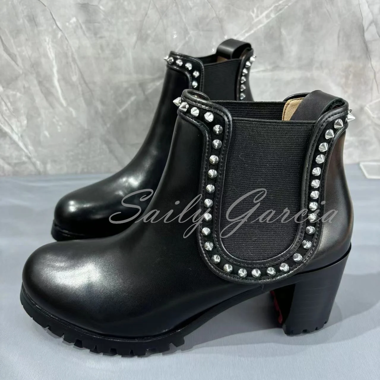 Black Genuine Leather Ankle Boot Women Luxury Studed Round Toe Rivet Decor Elasticity Block Heel Female Party Dress Boot