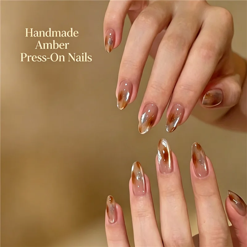 Handmade Presson Nails Brown Nude Ombre CatEye Medium Long Oval False Nails Maillard Green Glitter Reusable For Daily Party