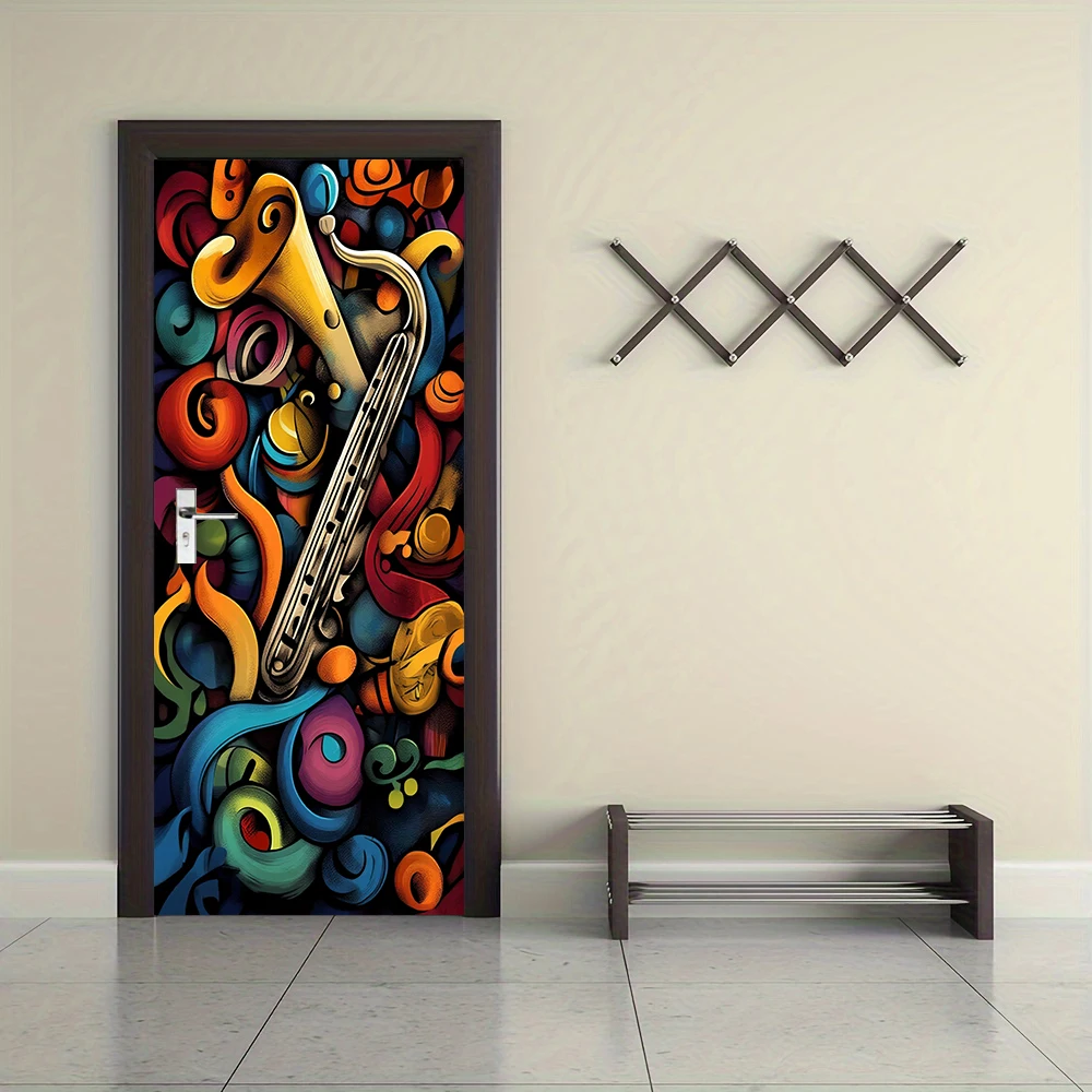1pcs Self Adhesive Removable Vinyl Door Stickers Creative Saxophone Music Theme Decorative Door Stickers Modern Abstract Art Sty