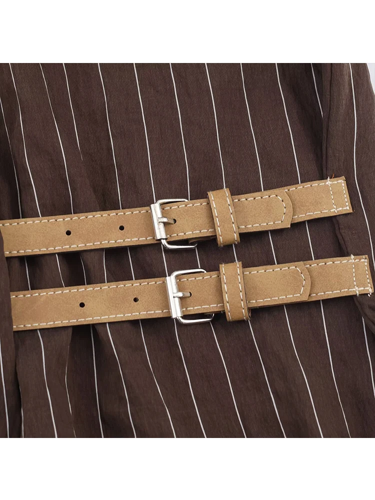 ﻿   TFMLN Vintage chemises à rayures pour femmes ample décontracté boucle décoration Blouse 2026 nouvelle femme col rabattu Chic chemise hauts