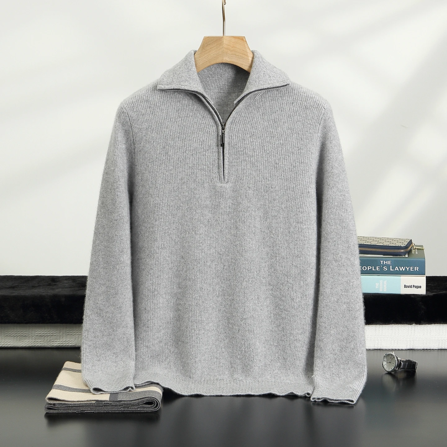 2026 Autumn Winter Men's 100% Cashmere Lapel Half-Zip New Pullover Business Casual Sweater Fashion Versatile Simple Knit Inner
