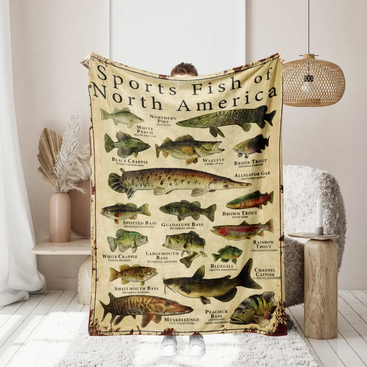

North American Fish Print Flannel Throw Blanket Soft Warm Washable for Bed Sofa Skinfriendly Four Seasons pc
