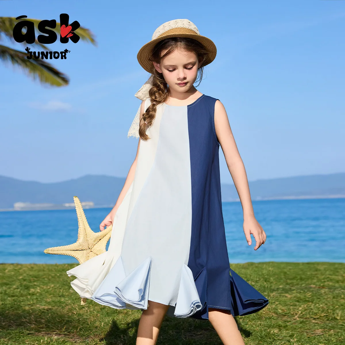 فستان بناتي صيفي متباين الألوان بدون أكمام على شكل ذيل السمكة #1