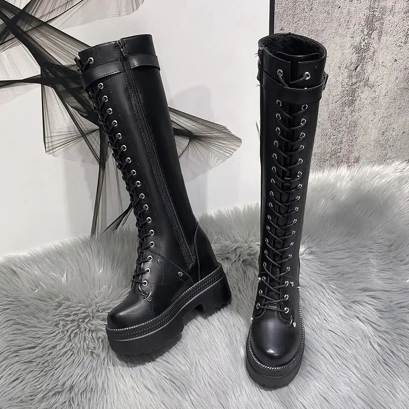 10CM New Women Platform Knee High Boots Winter Warm Plush Long Boots Leather Motorcycle Boots Lace-up Chunky Sneakers High Heels