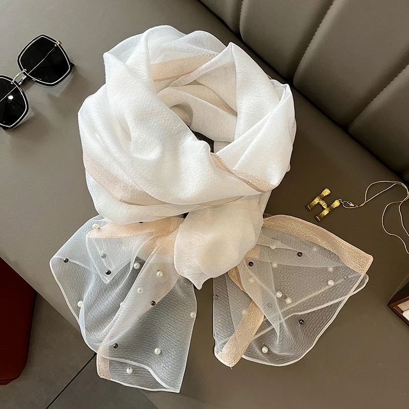 Luxury Brand Women Scarf Thin Summer Lady Beach Shawl Scarves With Pearl Muslim Fashion Foulard Female Hijab Headscarf