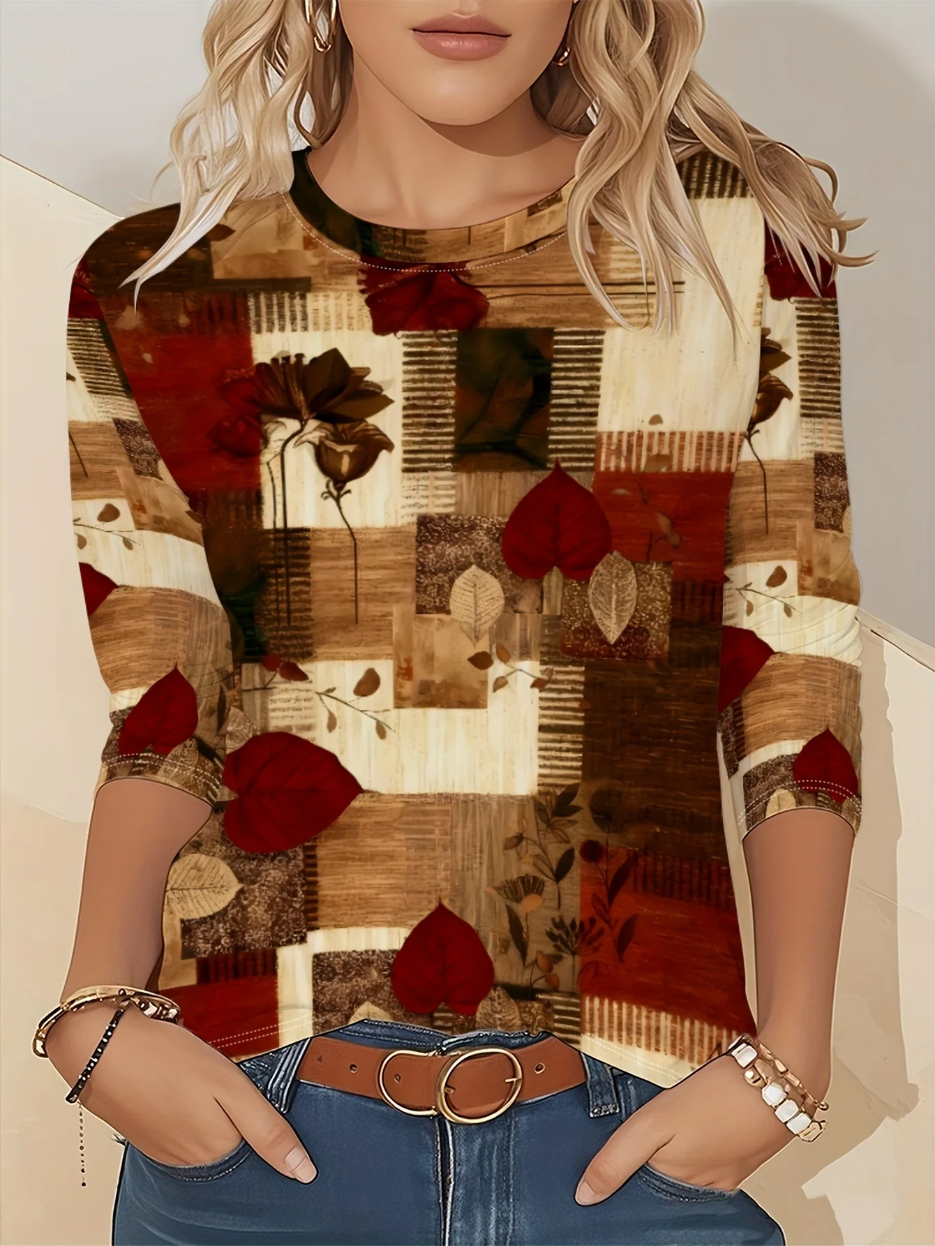Fashion Streetwear - 女性用、丸襟、長袖Tシャツ、最新ファッショントレンド、ストリートスタイル、チェック柄、リーフ柄、花柄プリント、カジュアル、春・秋、普段使いに最適。