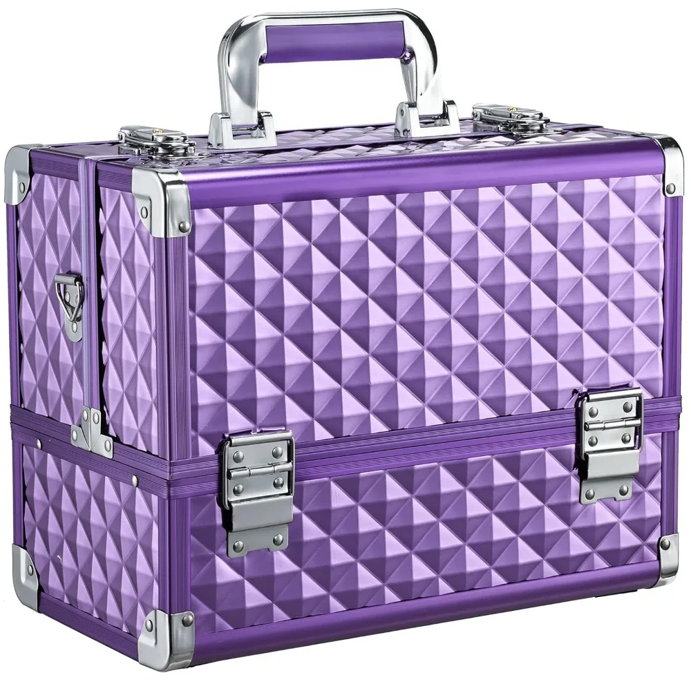 

Large 12.6 Inch Makeup Train Case with 6 Trays, Locking Shoulder Strap, Hard Vanity Storage in Purple