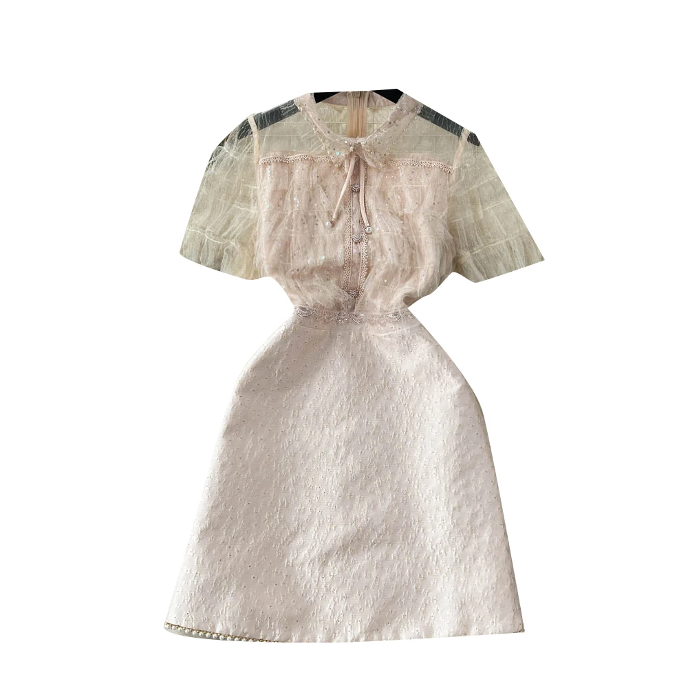 E Vestido de Noche con Lentejuelas Brillantes, Bordado, Cintura Alta, Corte en A, Pedrería, Estilo Coreano, Manga Corta