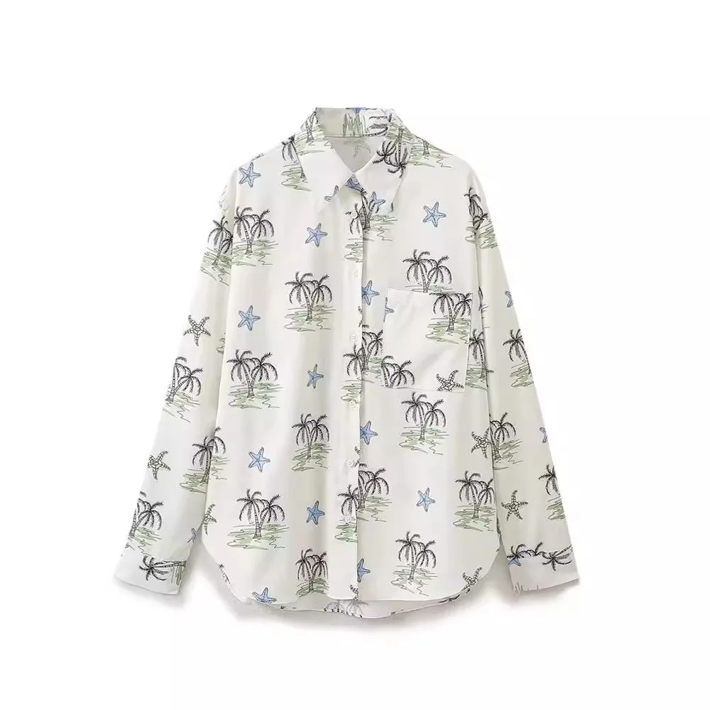 

2024Spring/Summer New Women's Lapel-neck Button Decoration Silk Satin Texture Printed Long Sleeved Shirt