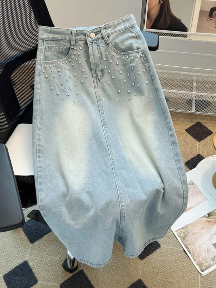 Summer High-waisted Denim Skirt Women's Heavy Industry Beaded Mid Length Casual Hip-wrapped A Line Skirt Light Blue 2025 New