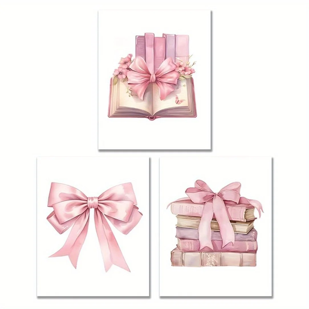 （NoFrame 3PCS)-2D Flat, 2D Flat, [2D Flat] 3pcs Frameless Pink Bow Wall Art Deco Poster, Inspirational Bible Verse Pictures W