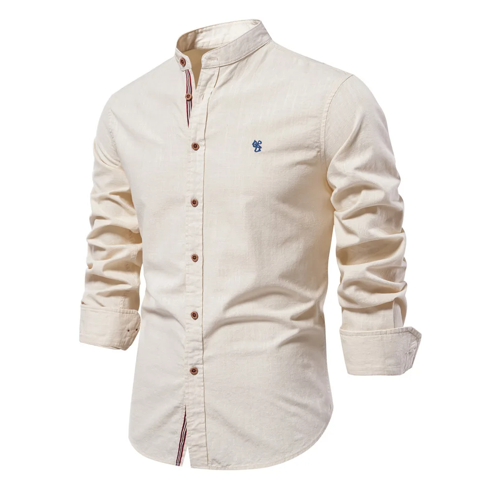 New 100% Cotton Linen Shirt Men Solid Color Embroidery Brand Shirts Blouses High Quality Long Sleeve Button Down Casual Tops